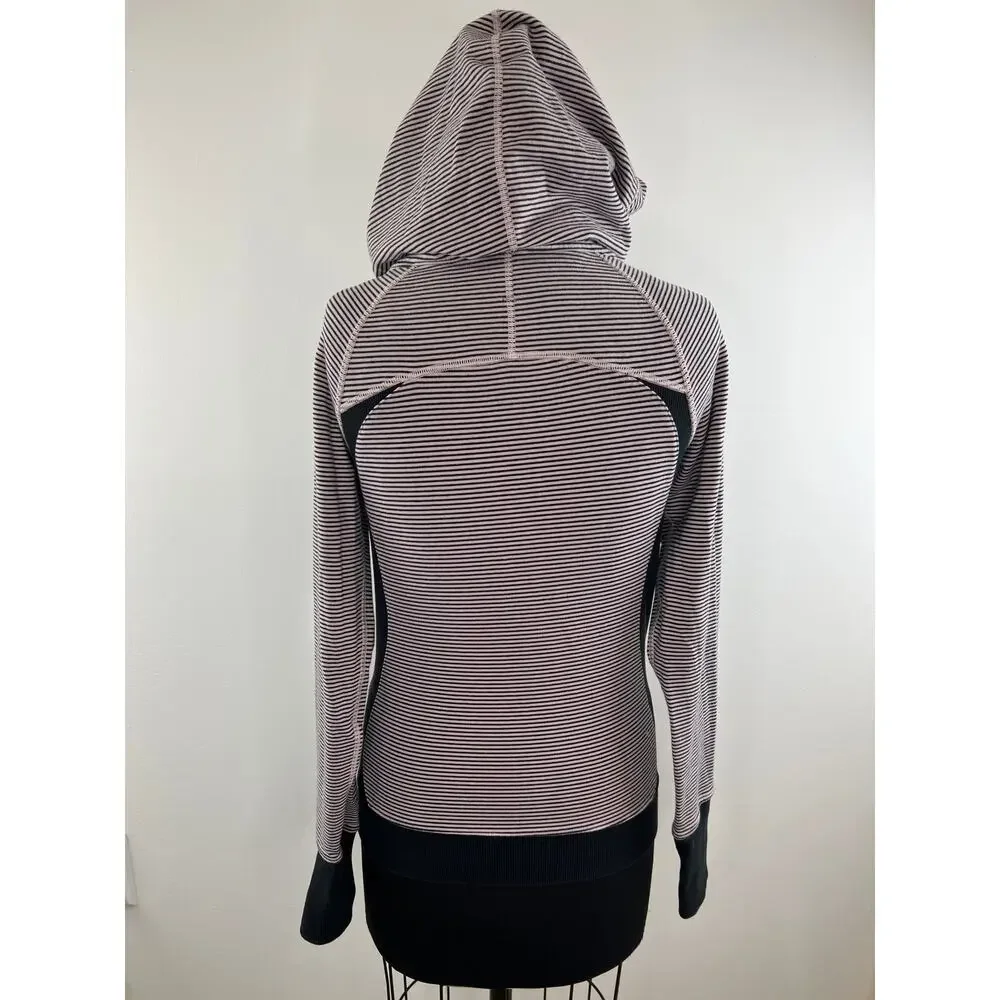 Lululemon Run Go The Distance Pink Black Stripe Front Zip LS Scuba Hoodie 6 S M